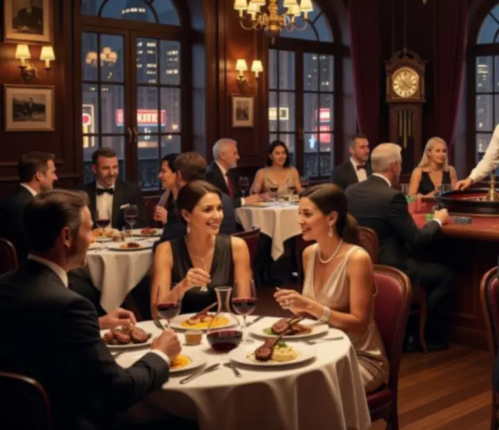 Goście RudiVeen Kft przy stołach w restauracji obok oświetlonego stołu ruletki.