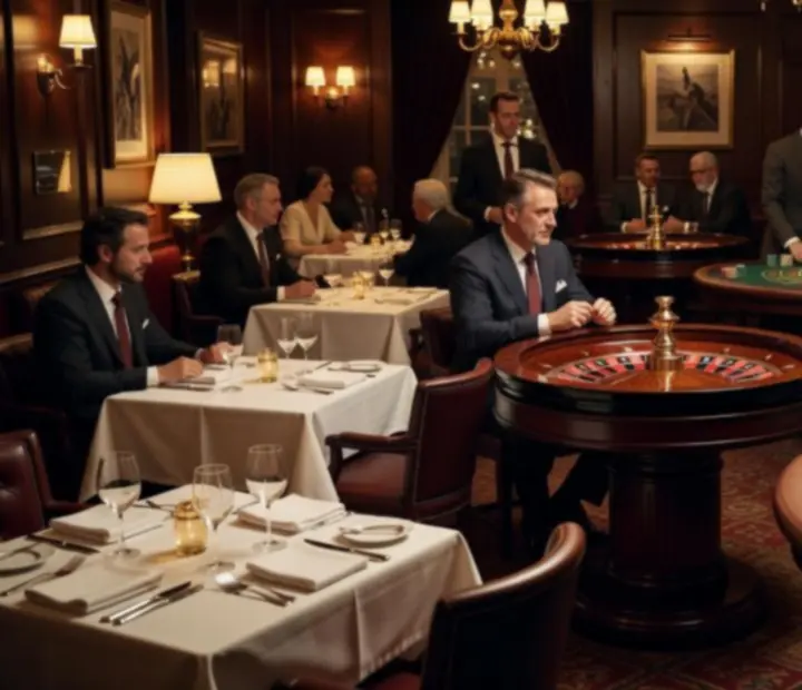 Przytulne wnętrze RudiVeen Kft z przygotowanym stołem ruletki i eleganckimi stolikami restauracyjnymi