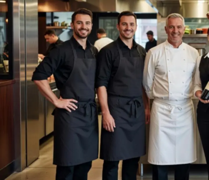 Portret zespołu kucharzy i obsługi RudiVeen Kft w eleganckim wnętrzu restauracji.