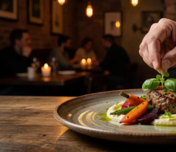 Zbliżenie na stół szefa kuchni w restauracji RudiVeen Kft z finezyjnie podanymi daniami degustacyjnymi.