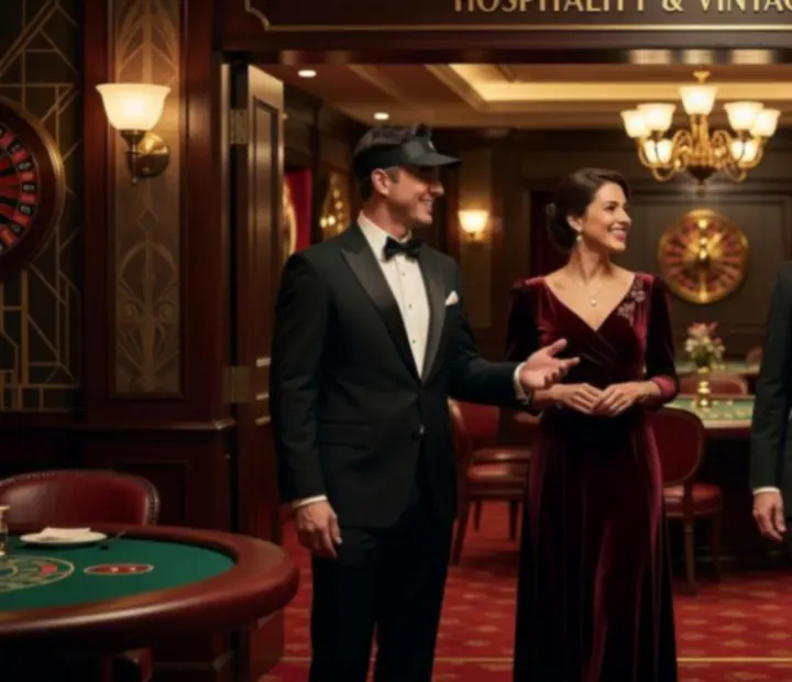 Uśmiechnięci croupierzy i gospodarze RudiVeen Kft witający gości przy stołach casino