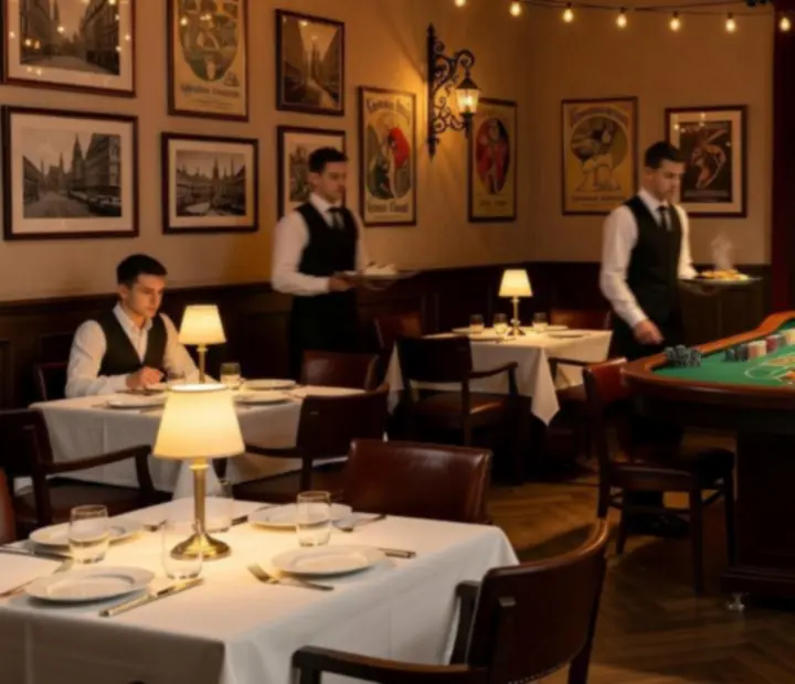 Ciepło oświetlone wnętrze restauracji RudiVeen Kft z eleganckimi stolikami i stołem ruletki w tle