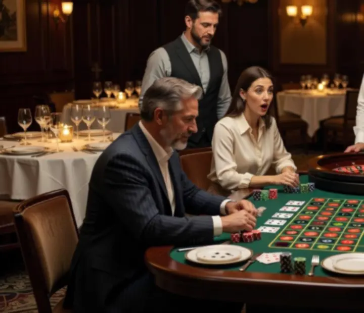 Goście RudiVeen Kft grający przy stołach z ruletką i kartami w eleganckim wnętrzu restauracji