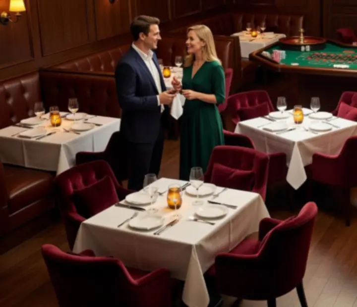 Wieczorne wnętrze RudiVeen Kft z rozświetlonymi stołami restauracyjnymi i klasycznym stołem ruletki w tle.