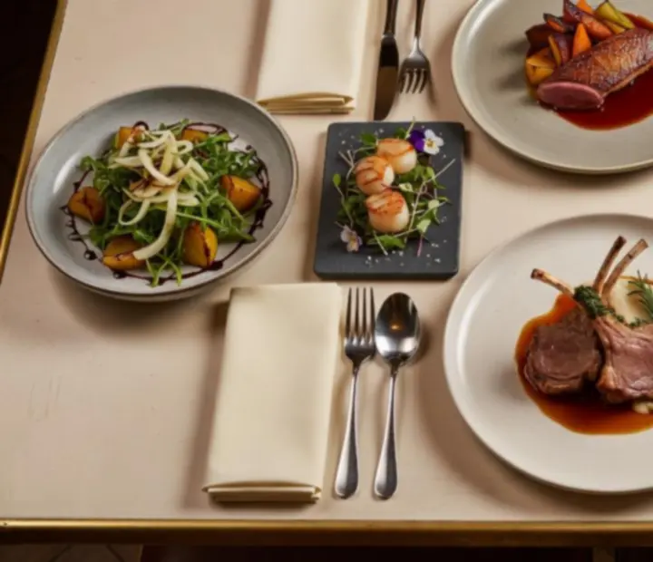 Sezonowe menu RudiVeen Kft rozłożone na stole w ciepłym świetle bistro z widokiem na salę restauracji.